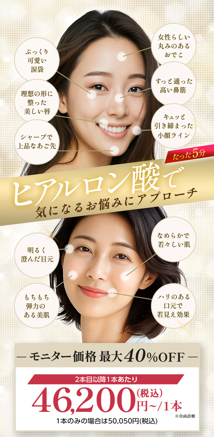 【たった5分】ヒアルロン酸で気になるお悩みにアプローチ｜【モニター価格最大40%OFF】2本目以降1本あたり46,200円〜/1本（税込）※自由診療 1本のみの場合は50,050円(税込)