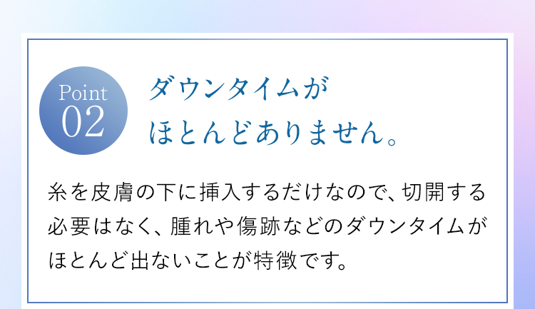 【Point02】ダウンタイムがほとんどありません。｜糸を皮膚の下に挿入するだけなので、切開する必要はなく、腫れや傷跡などのダウンタイムがほとんど出ないことが特徴です。